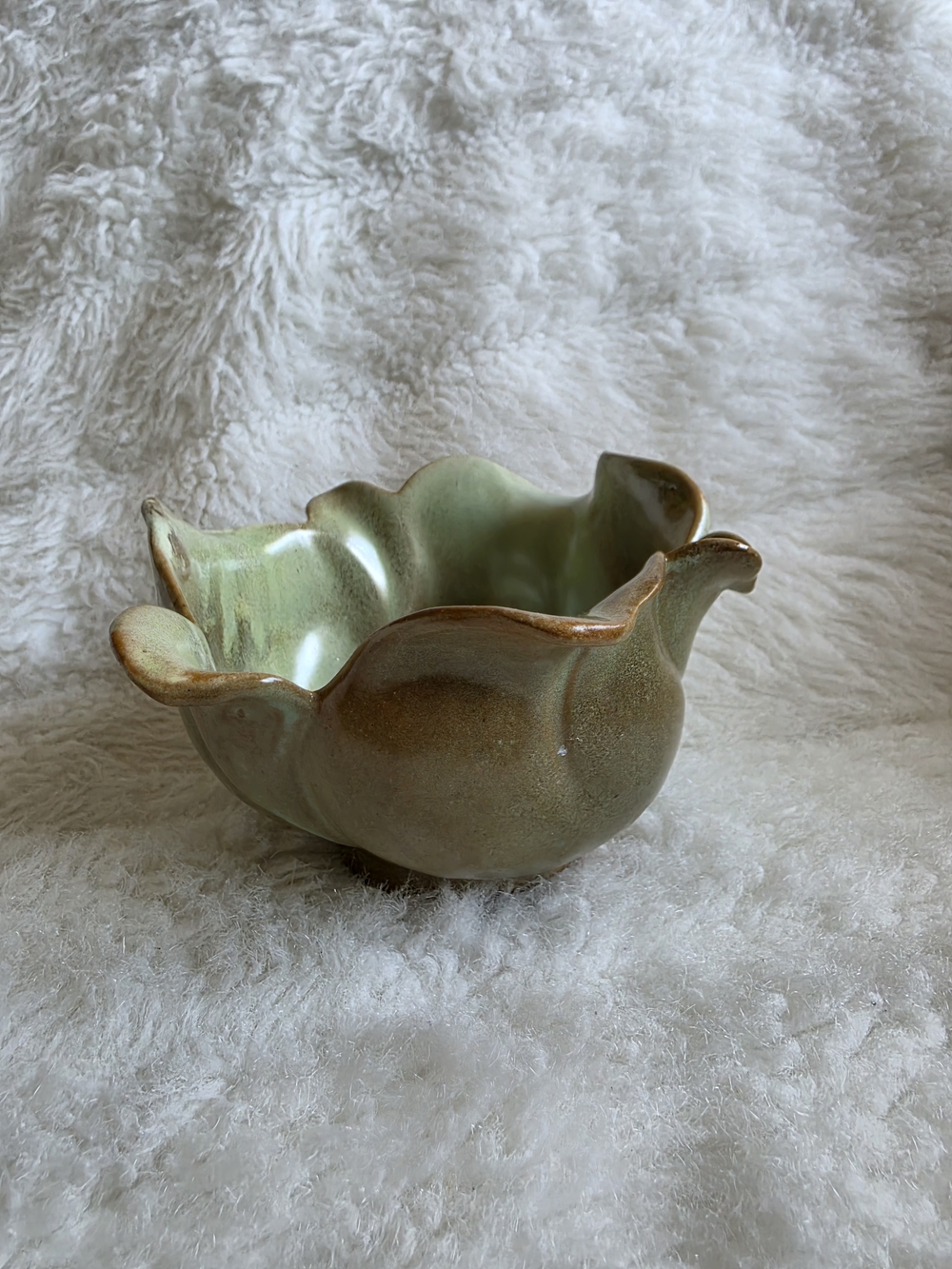 William Mantor Organic Green and Brown Ceramic Petal Bowl.